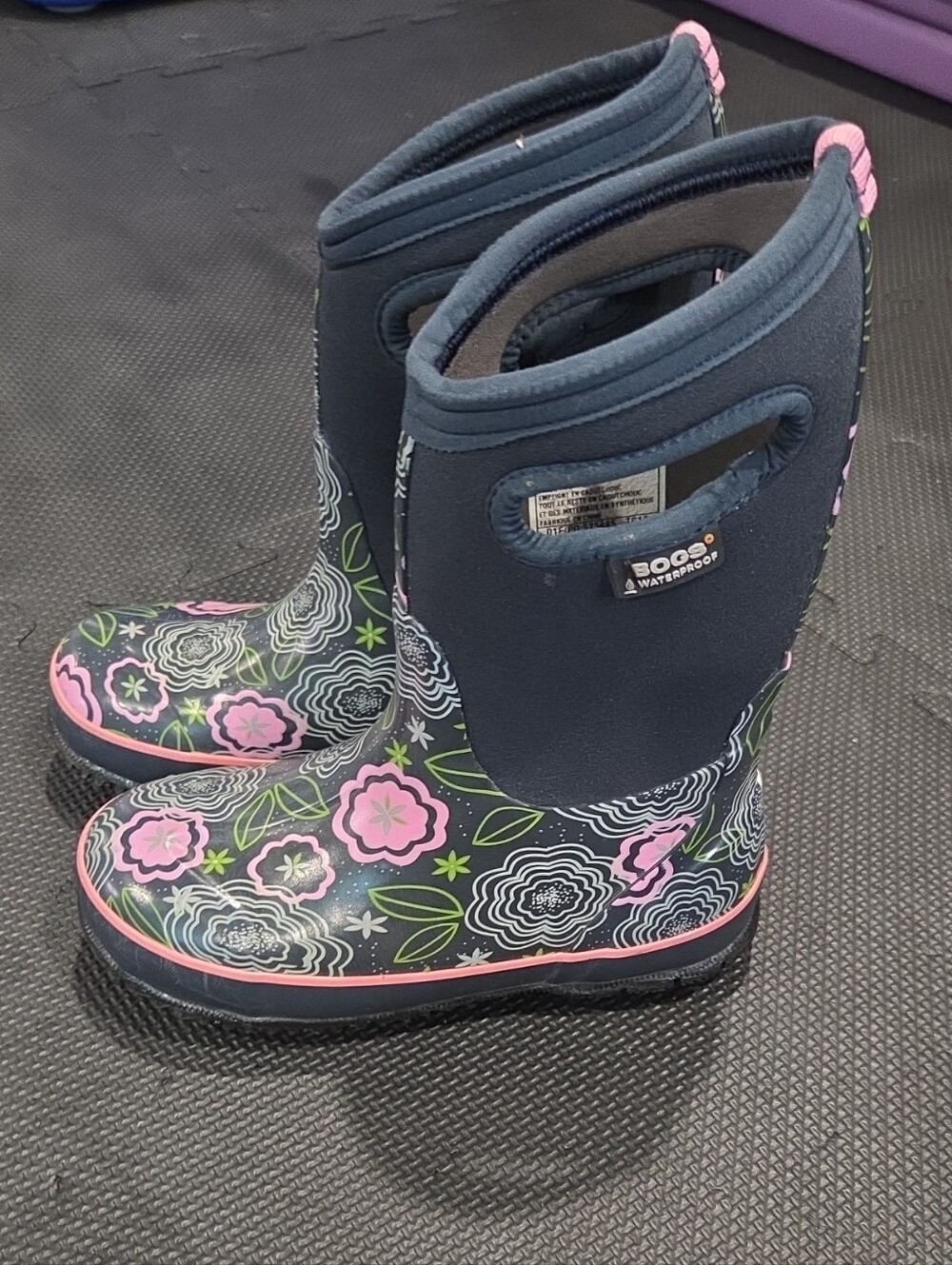 Bogs Kids Navy Rain Boots with Pink & Green Floral Print